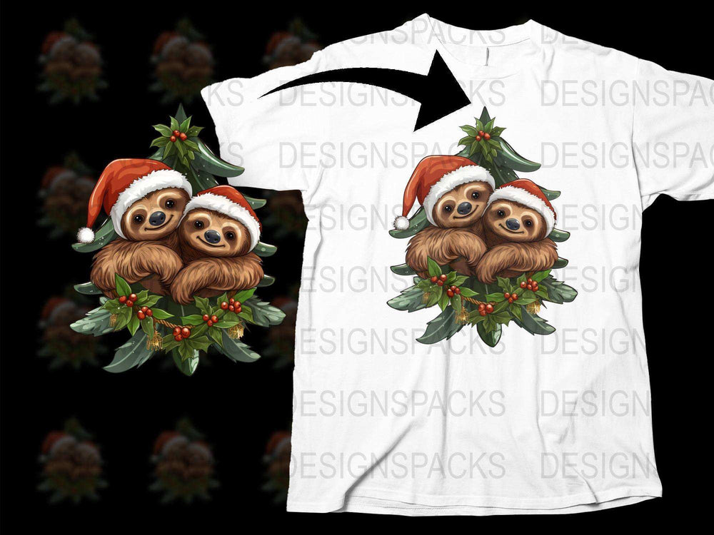 Christmas Sloth T-Shirt, Cute Holiday Sloths in Santa Hats, Festive Animal Tee, Unisex Winter Apparel for All Ages