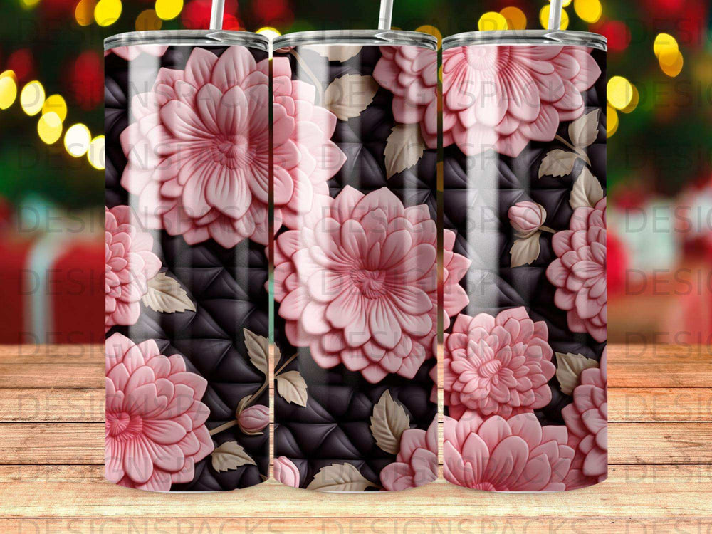 Pink floral pattern on a black quilted background, printed on a tumbler.