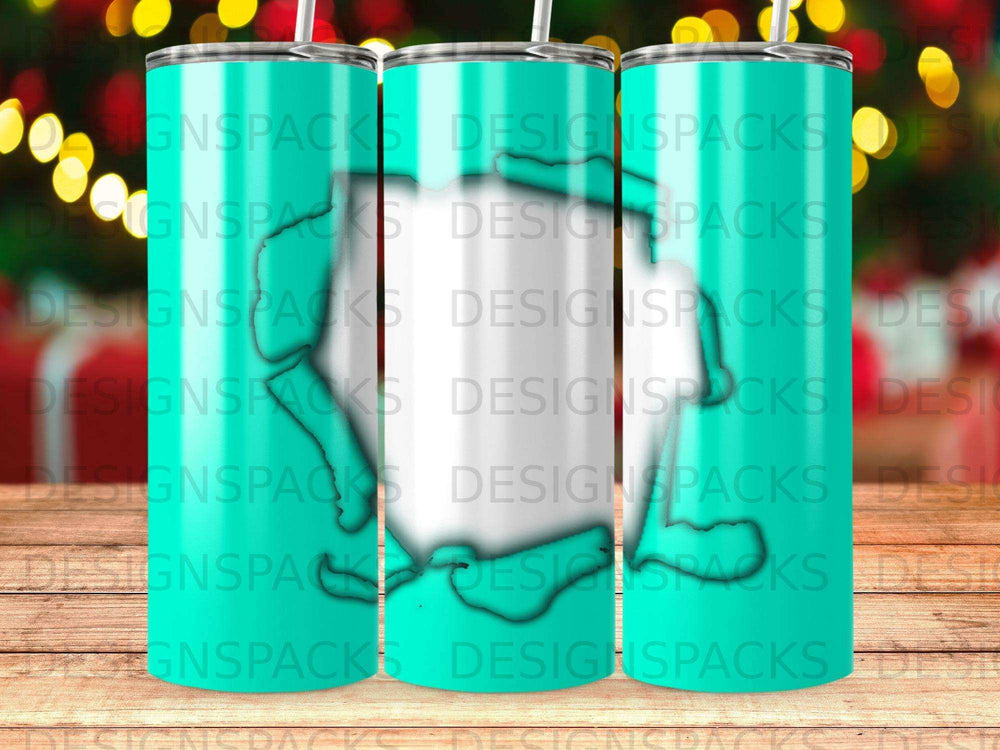 Cyan tumbler with "DESIGNSPACKS" repeated in white text.