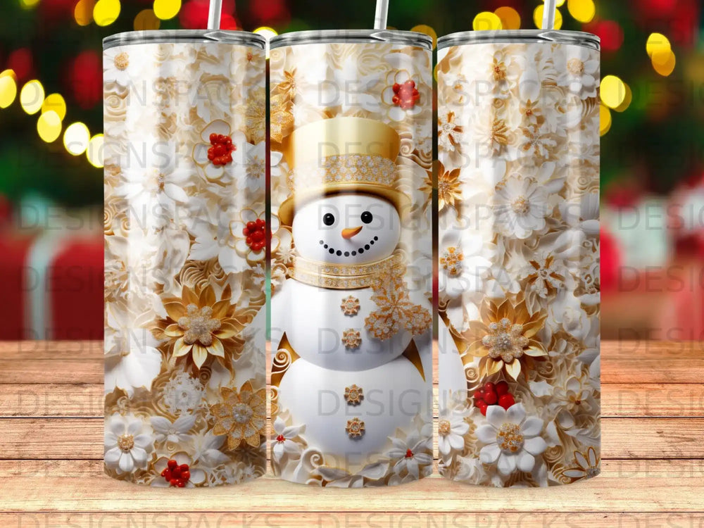 Snowman in festive floral design on a tumbler, close-up.