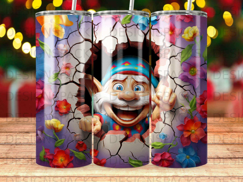Gnome bursting through cracked wall surrounded by colorful flowers.