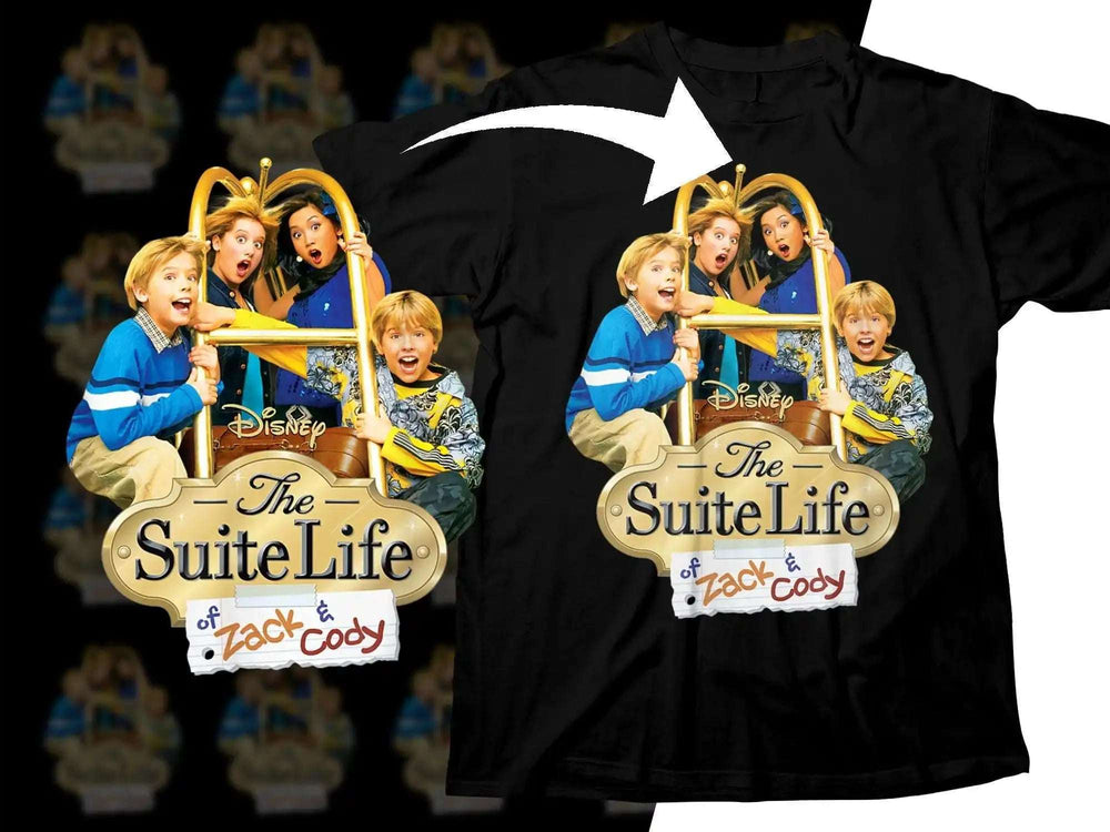 The Suite Life of Zack & Cody Disney t-shirt design featuring characters on a luggage cart.