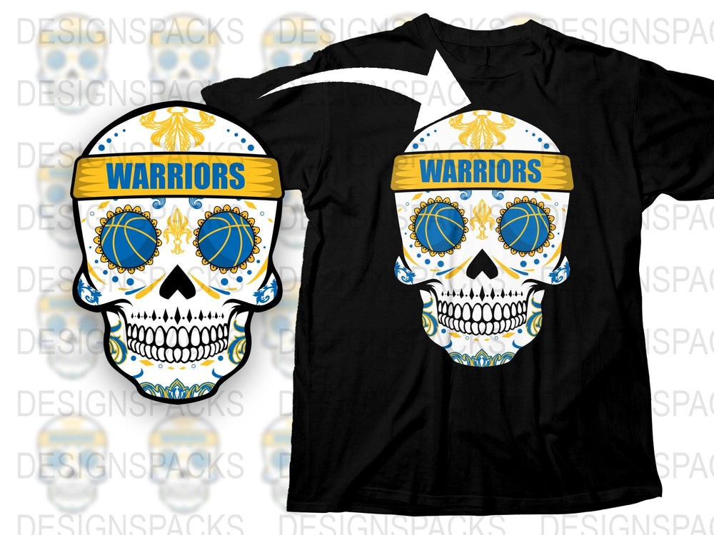 Warriors Skull Graphic T-Shirt, Blue and Yellow Floral Design, Men's Fashion Tee, Unique Skull Apparel