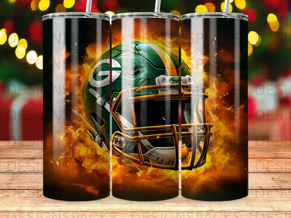 Green Bay Packers helmet surrounded by flames, suitable for a tumbler.