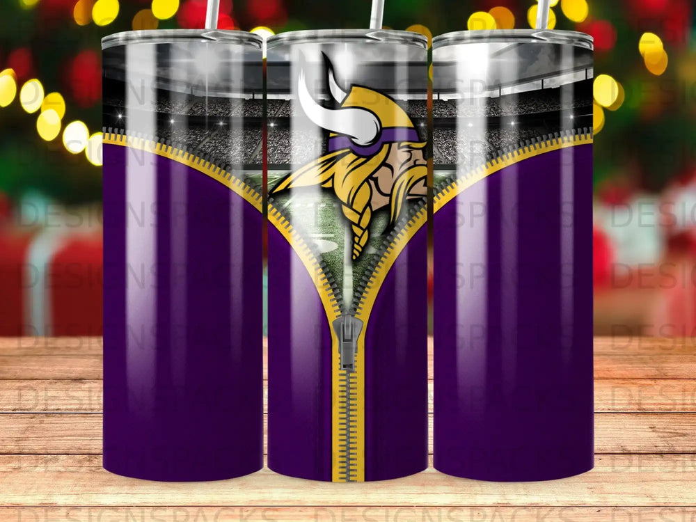 Minnesota Vikings purple tumbler with zipper design and stadium background.