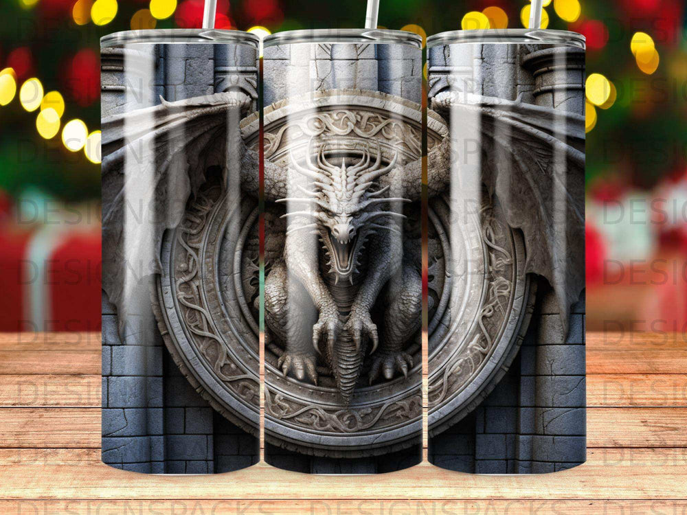 Dragon head carved in stone shield on patterned background, bokeh lights.