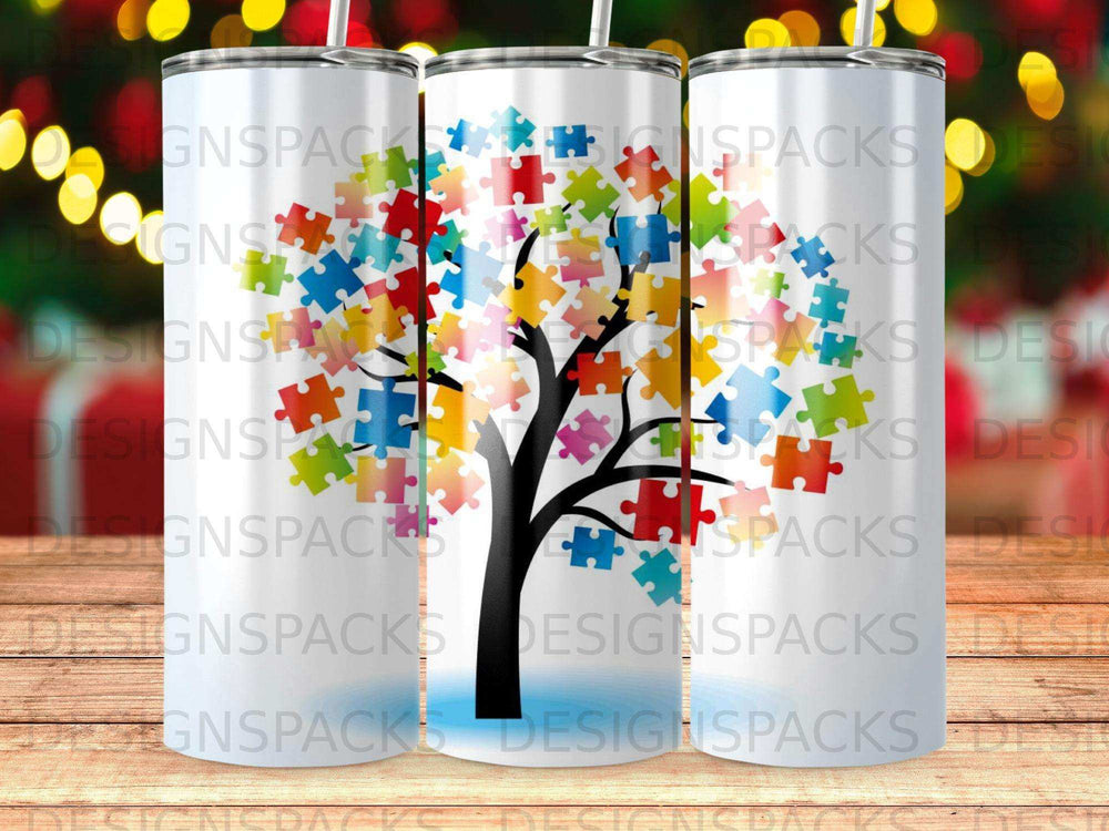 Tree made of colorful puzzle pieces on a white tumbler.
