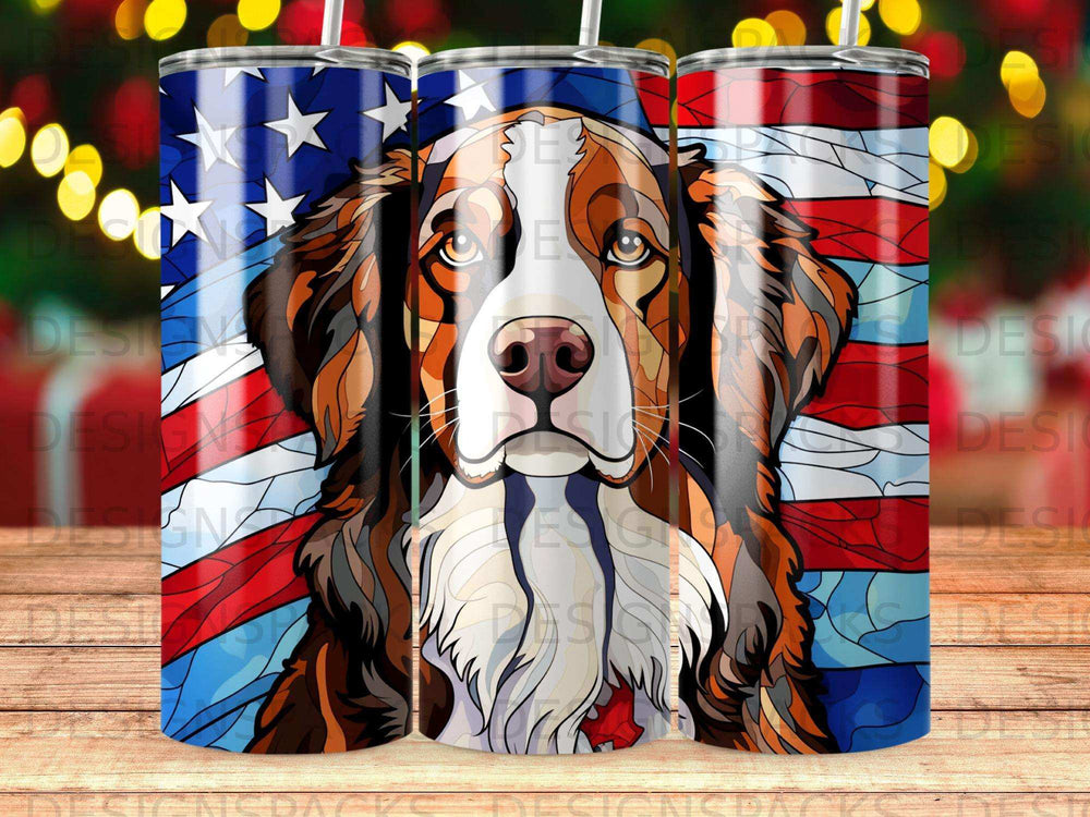Bernese Mountain Dog face against American flag stained glass background.