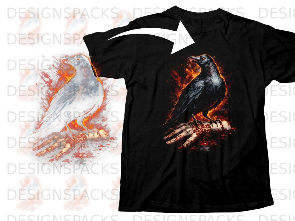 Black t-shirt with a graphic of a crow perched on a severed hand with flames.