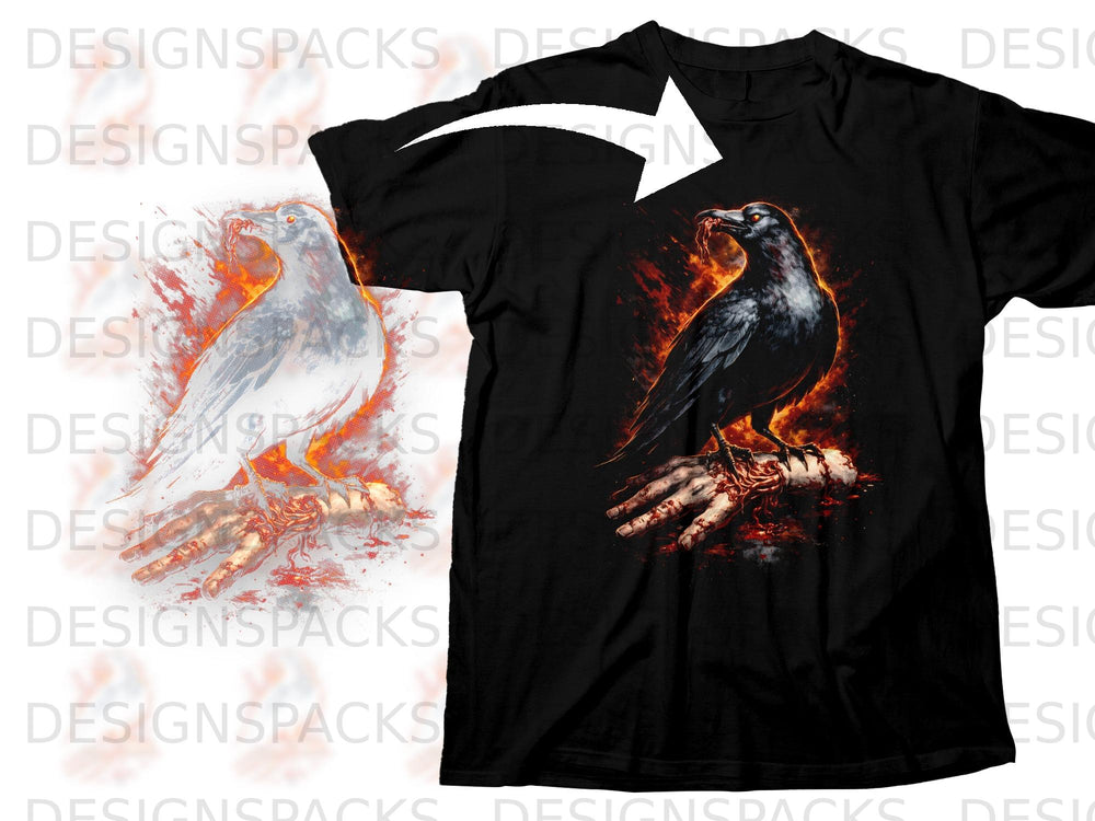 Black t-shirt with a graphic of a crow perched on a severed hand with flames.