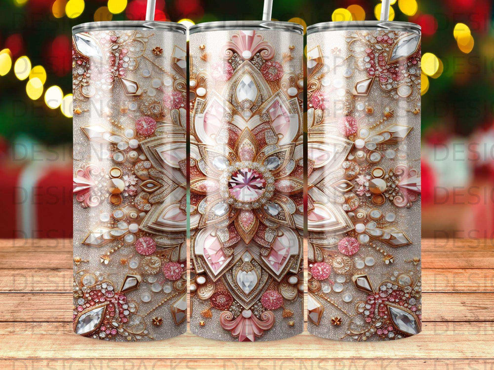 Tumbler with ornate pink and gold floral mandala design.