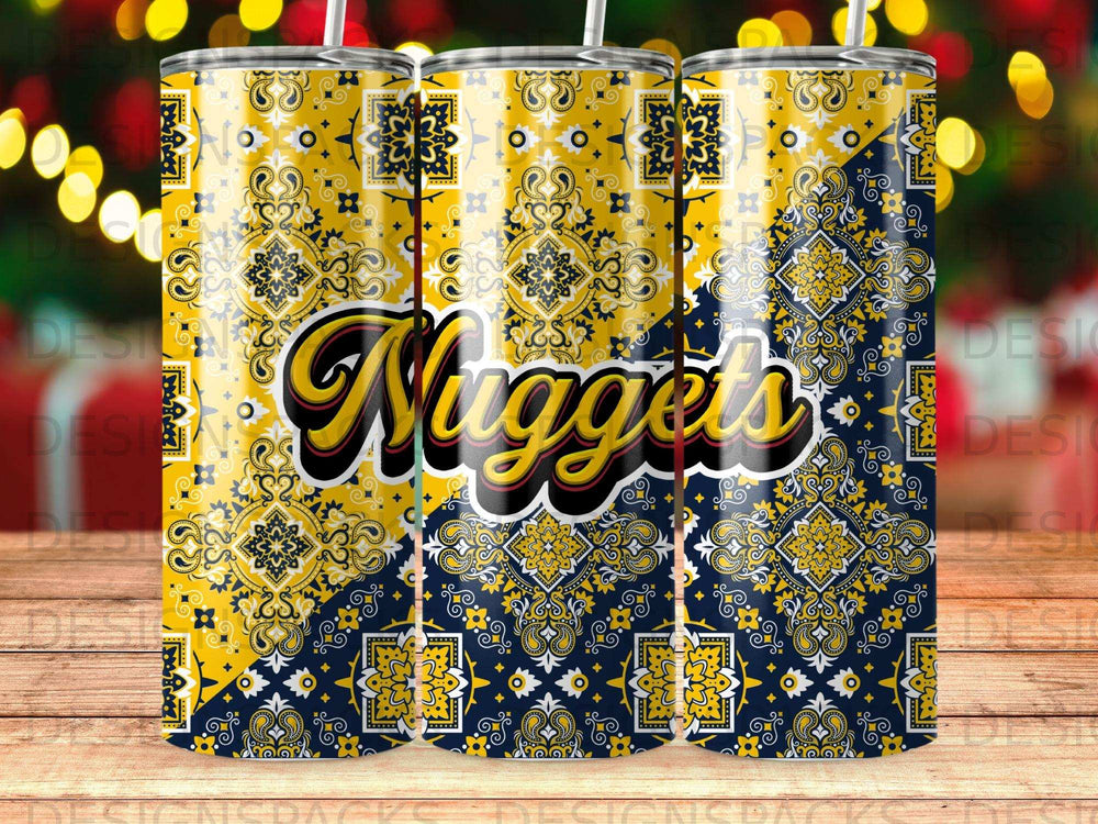 Nuggets tumbler with bandana pattern and gold accents.