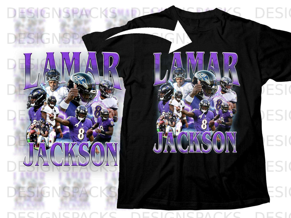 Lamar Jackson Ravens player collage on black t-shirt.