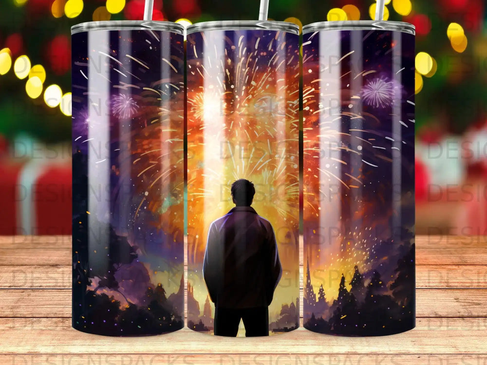 Man in dark jacket watches fireworks explode over a dark landscape.