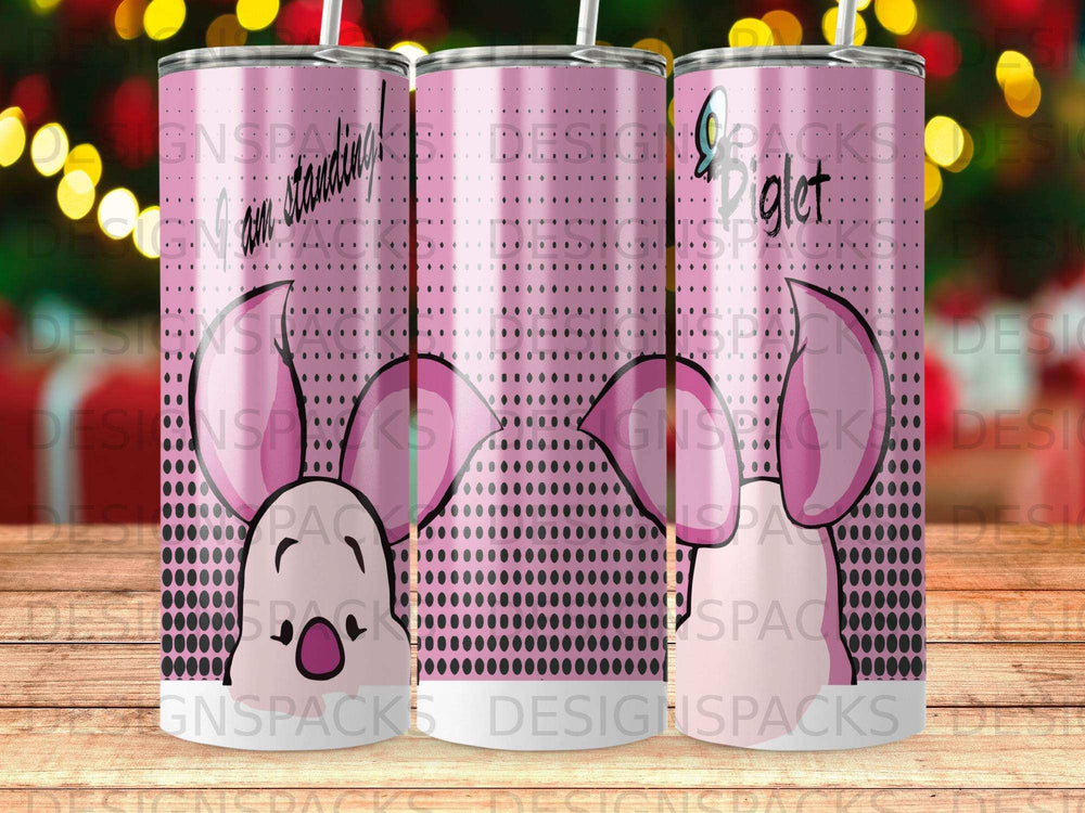 Piglet character on a pink polka dot tumbler with "I am standing" text.