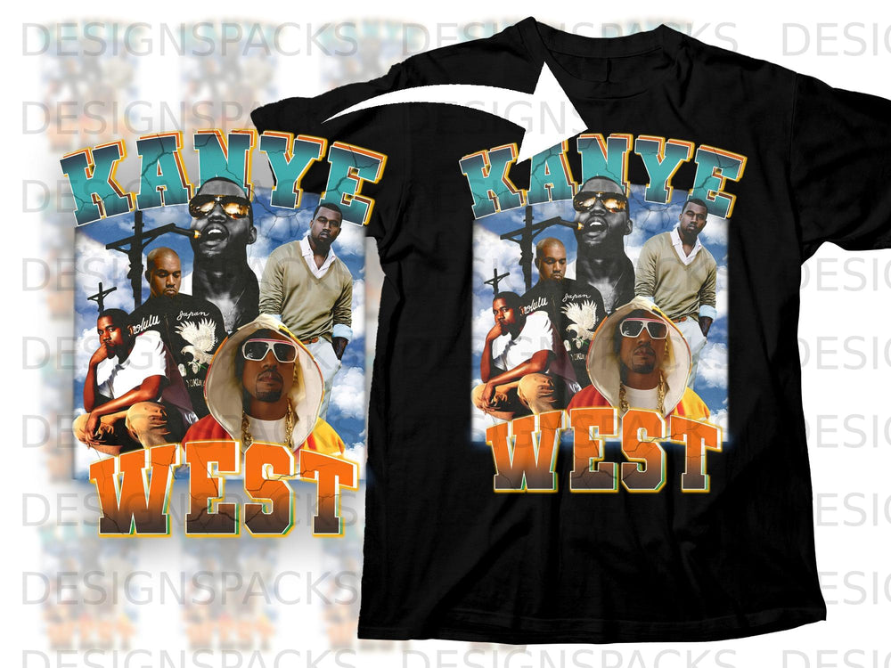 Kanye West graphic tee with multiple portraits and the text KANYE WEST.