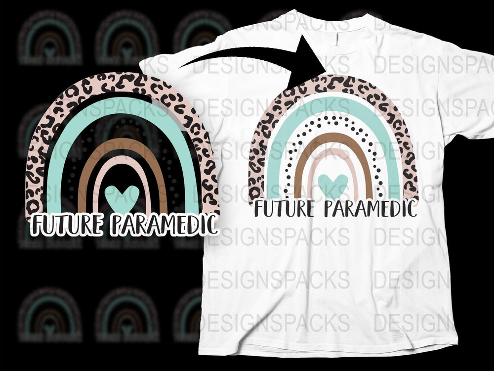 Future Paramedic Rainbow T-Shirt, Stylish Leopard Print Heart Design, Casual Healthcare Apparel