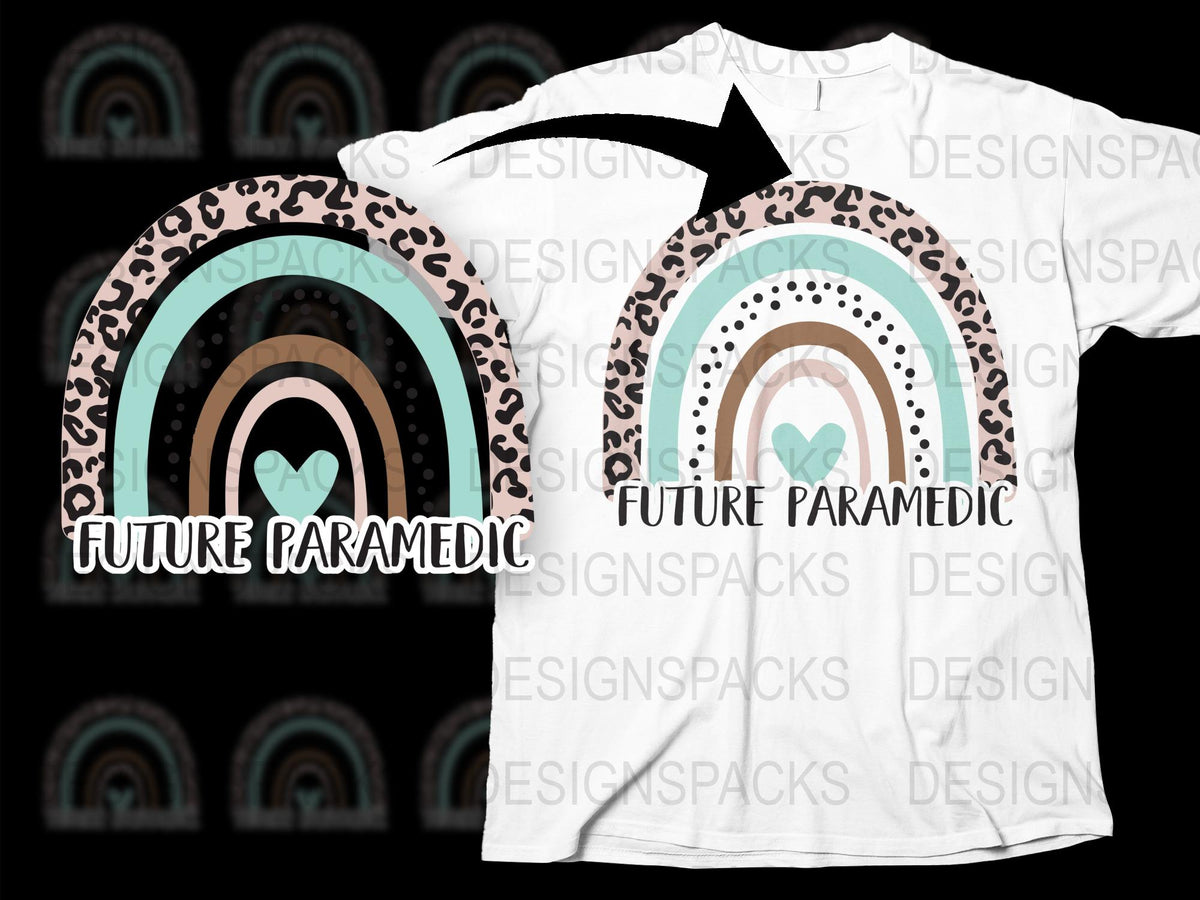 Future Paramedic Rainbow T-Shirt, Stylish Leopard Print Heart Design, Casual Healthcare Apparel