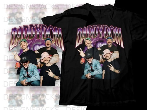 Two black t-shirts displaying a vintage-style graphic of three men.