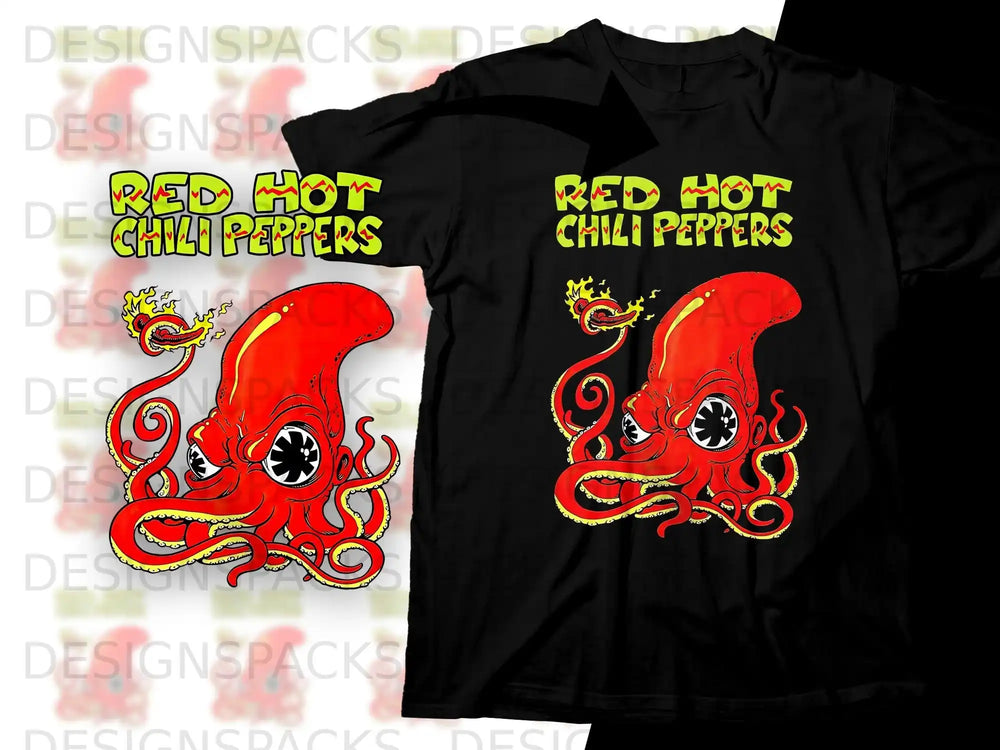 Red Hot Chili Peppers octopus graphic on black t-shirts.