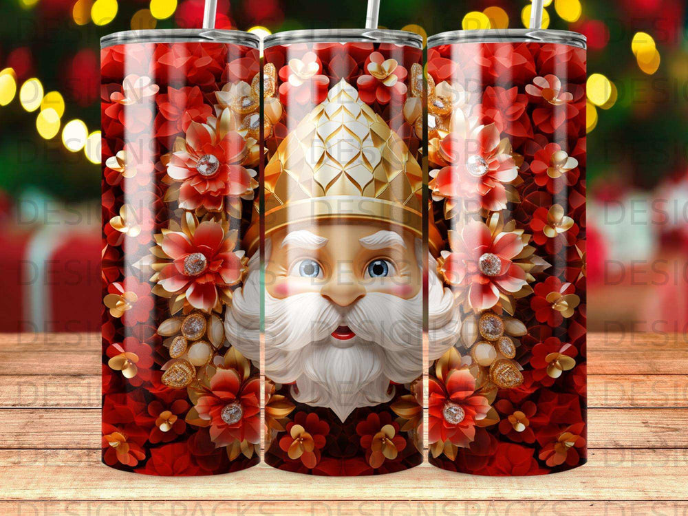 Santa Claus face surrounded by red flowers and gold embellishments on a tumbler.