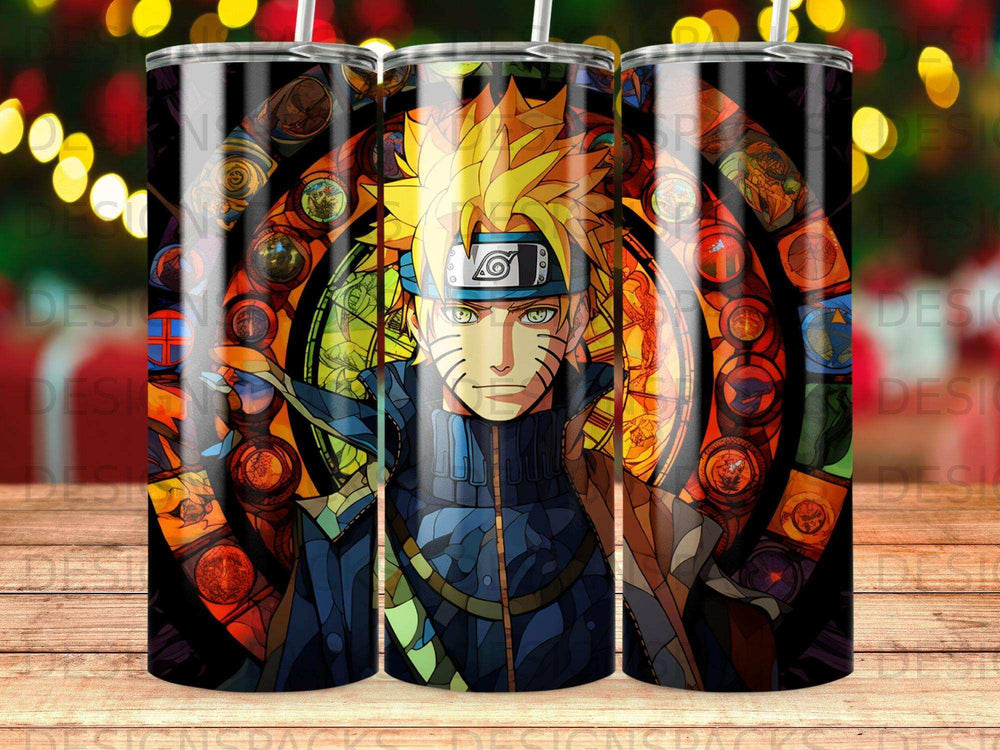 Naruto Uzumaki in stained glass art style on a tumbler.