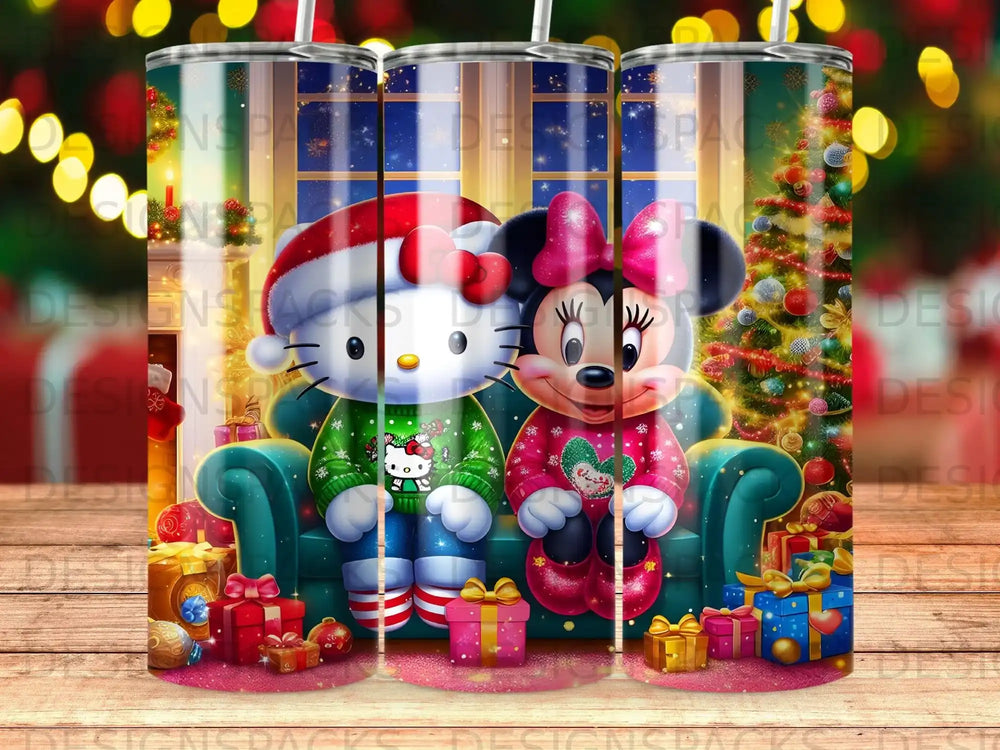 Hello Kitty and Minnie Mouse in Christmas sweaters sitting on a couch with presents.