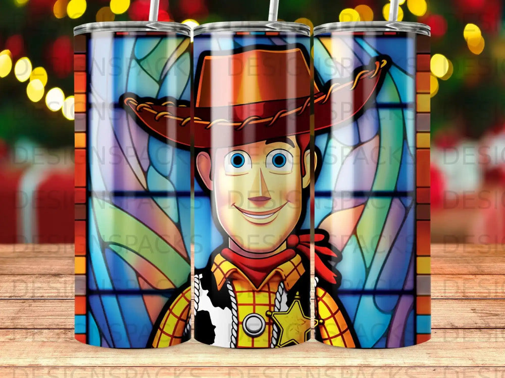 Woody from Toy Story with a stained-glass background.