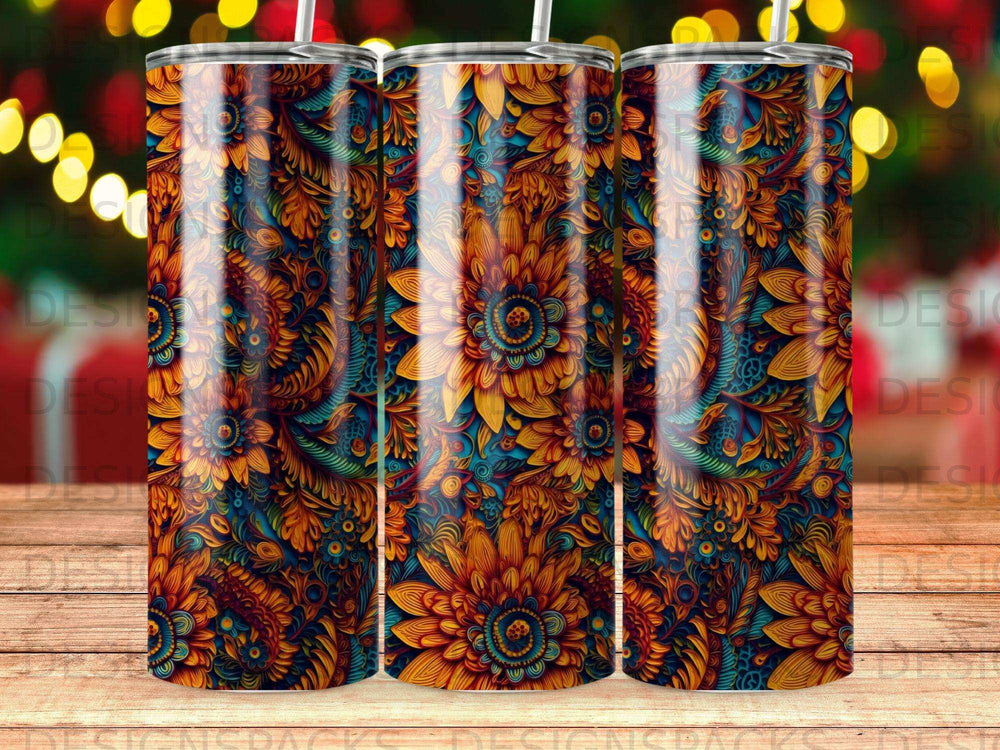 Three tumblers with a repeating, colorful floral pattern of orange and blue flowers.