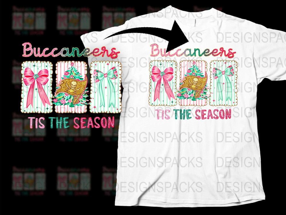 Buccaneers Tis the Season Holiday T-Shirt, Festive Christmas Owl Design, Bow and Candy Cane Graphics, Gift Idea