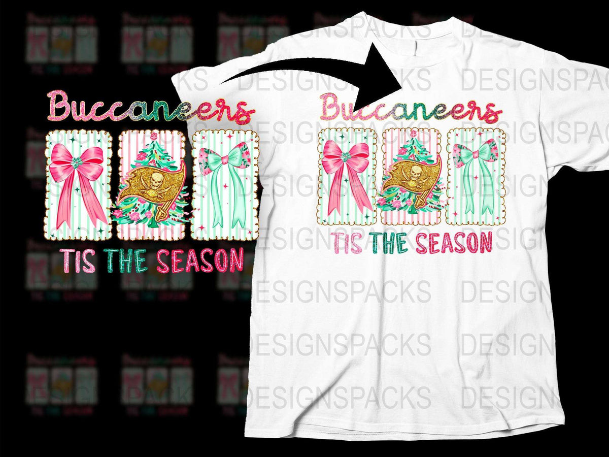Buccaneers Tis the Season Holiday T-Shirt, Festive Christmas Owl Design, Bow and Candy Cane Graphics, Gift Idea