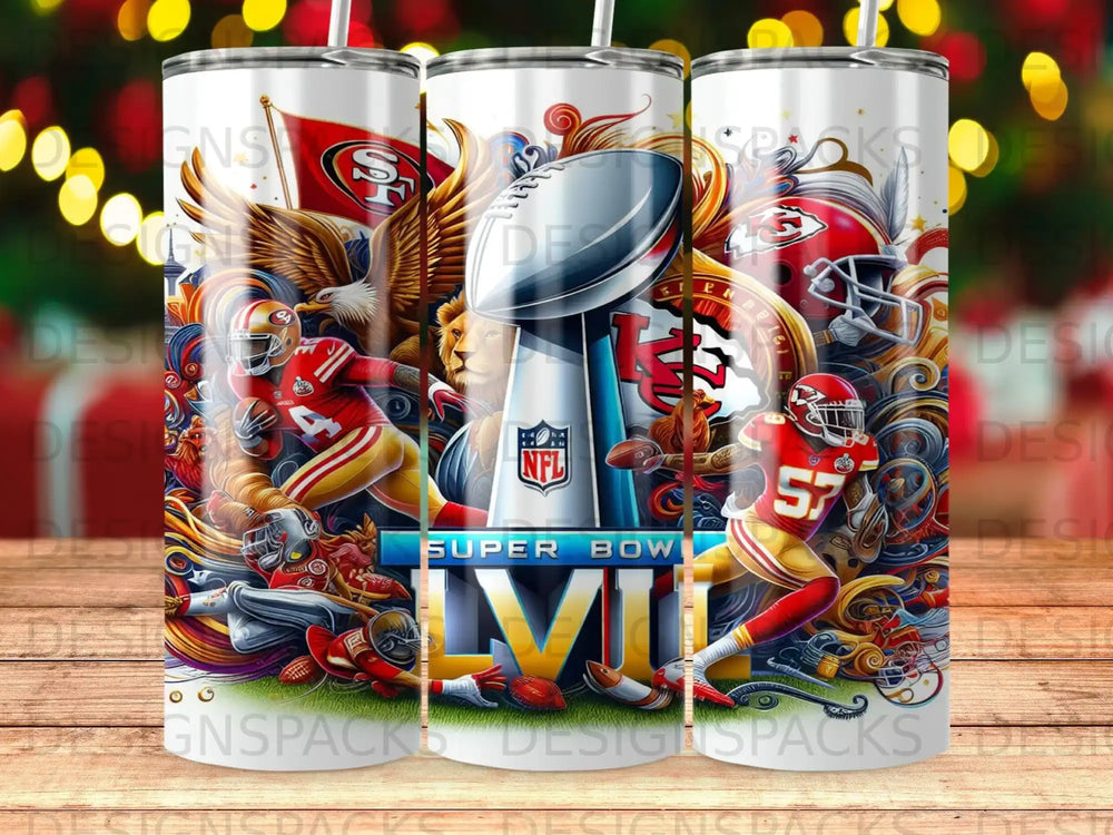 Super Bowl LVI logo with football players, NFL helmets, and an eagle.