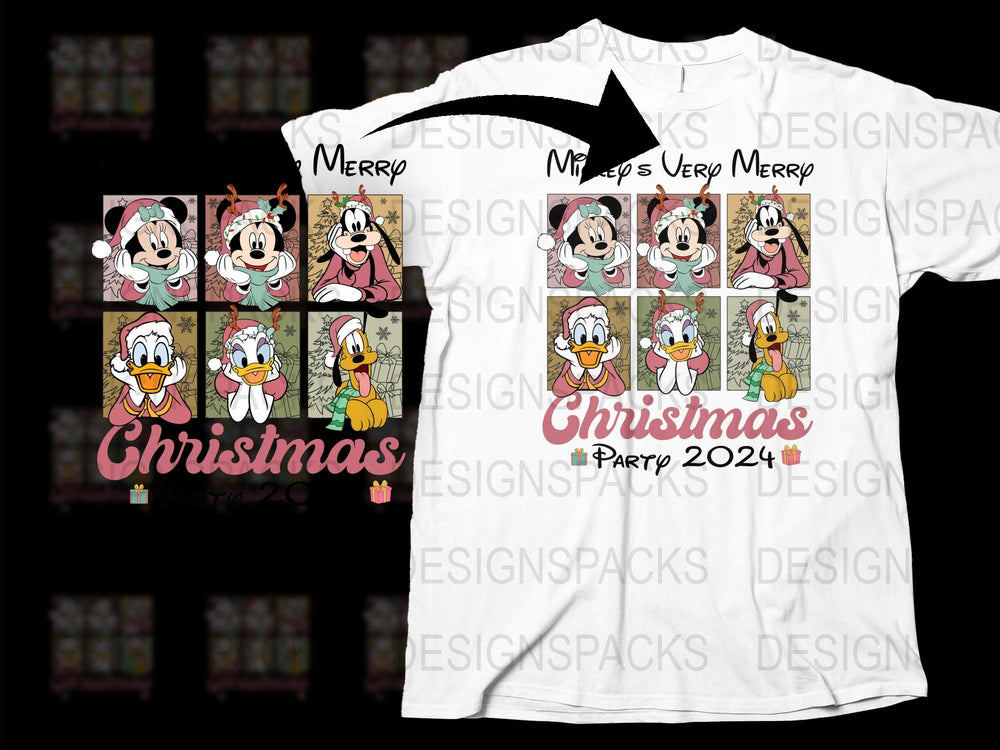 Merry Christmas 2024 T-Shirt, Cartoon Character Holiday Party Tee, Festive Season Family Outfit Ideas, White Cotton Shirt