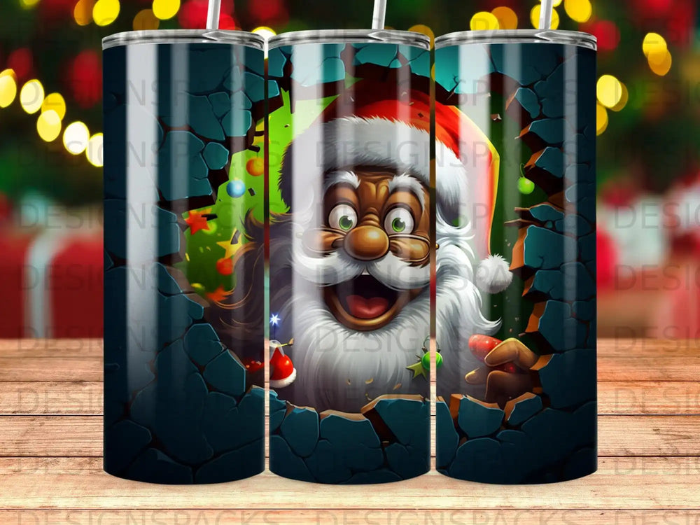 Santa Claus breaks through a wall, holding a gift, with a Christmas tree behind him.