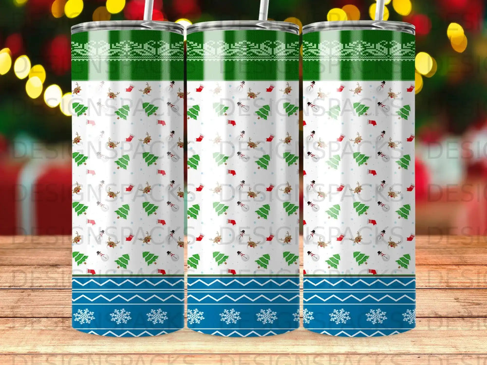 Green, white, and blue patterned tumbler with Christmas trees, snowmen, and snowflakes.