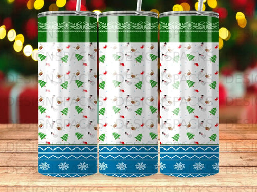 Green, white, and blue patterned tumbler with Christmas trees, snowmen, and snowflakes.