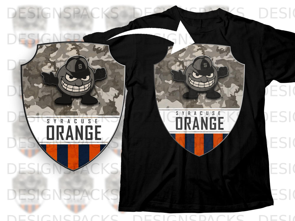 Black t-shirt featuring a shield logo with a cartoon character, "Syracuse Orange" text, and camouflage.