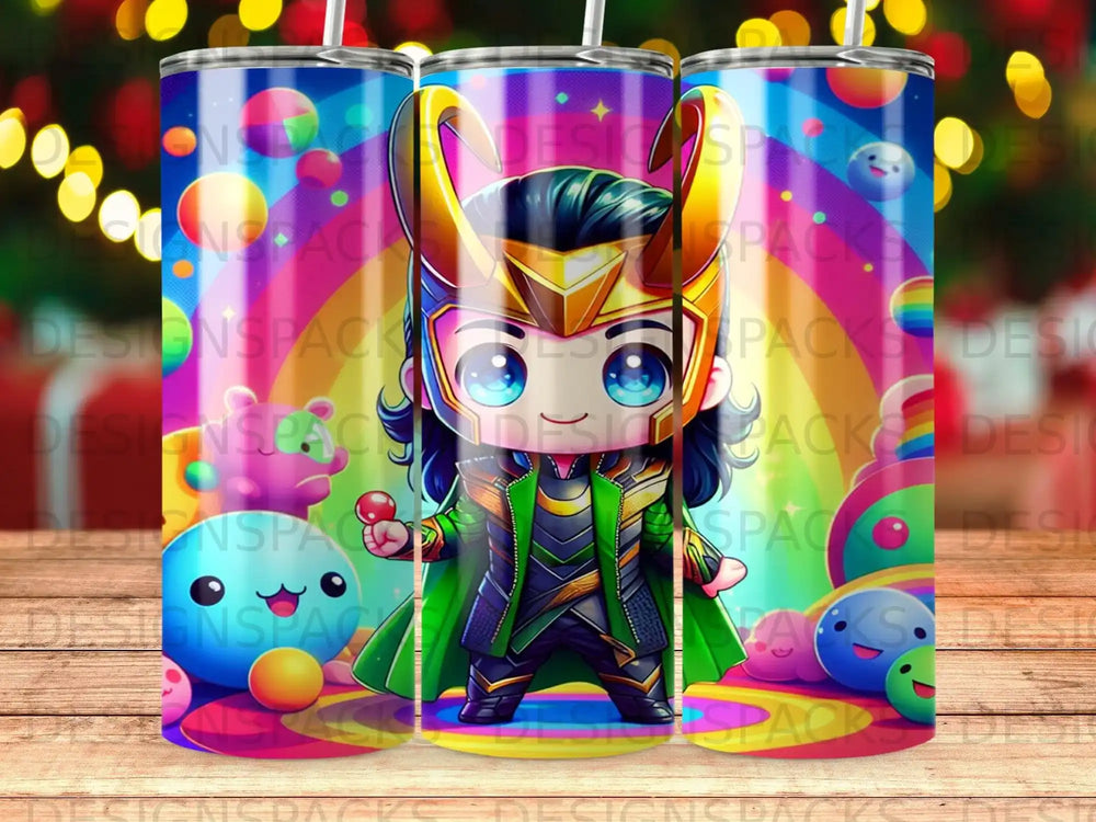 Chibi Loki with colorful background and rainbow border.