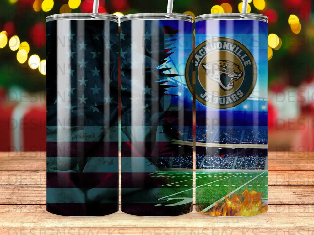 Jacksonville Jaguars tumbler with American flag and stadium imagery.
