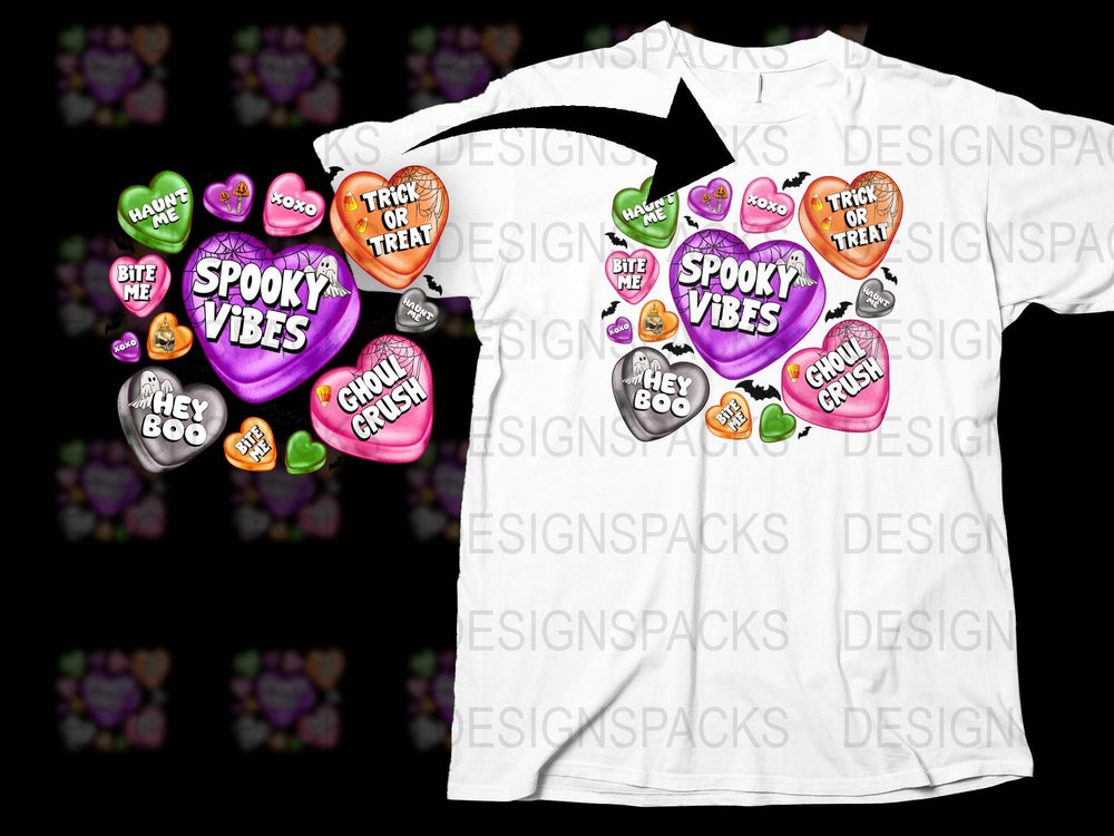 Spooky Vibes Halloween T-Shirt, Trick or Treat Candy Hearts Graphic Tee, Unisex Casual Fall Fashion