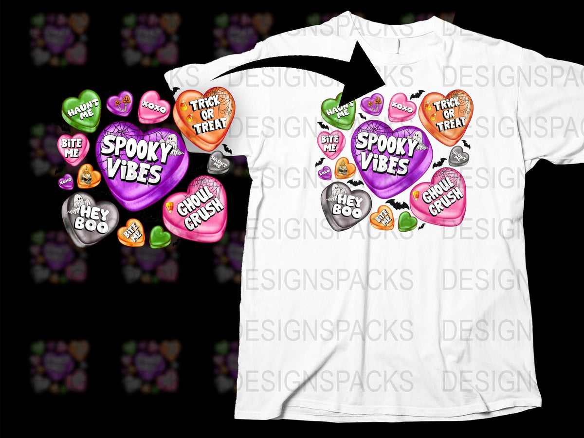 Spooky Vibes Halloween T-Shirt, Trick or Treat Candy Hearts Graphic Tee, Unisex Casual Fall Fashion