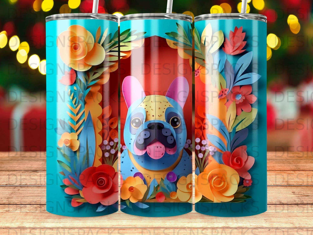 Blue French bulldog with floral frame on a striped tumbler.
