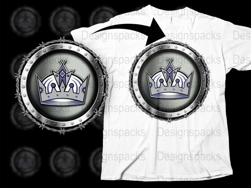 Gothic Crown Design T-Shirt, Silver Rivets Edge, Royal Emblem, Unisex Casual Wear, Black and White