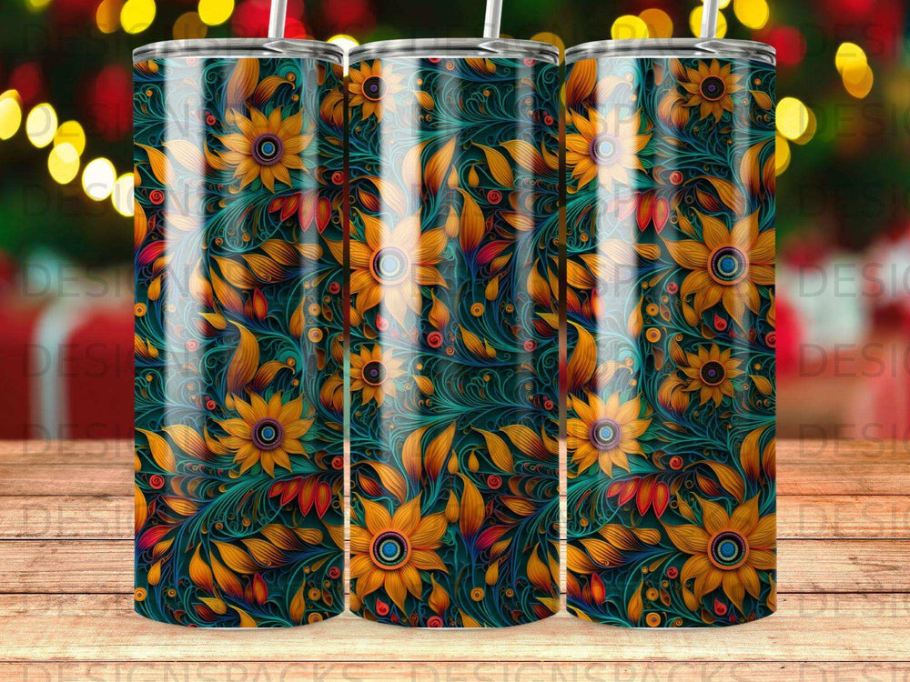 Tumbler with a repeating pattern of sunflowers and dark green leaves.
