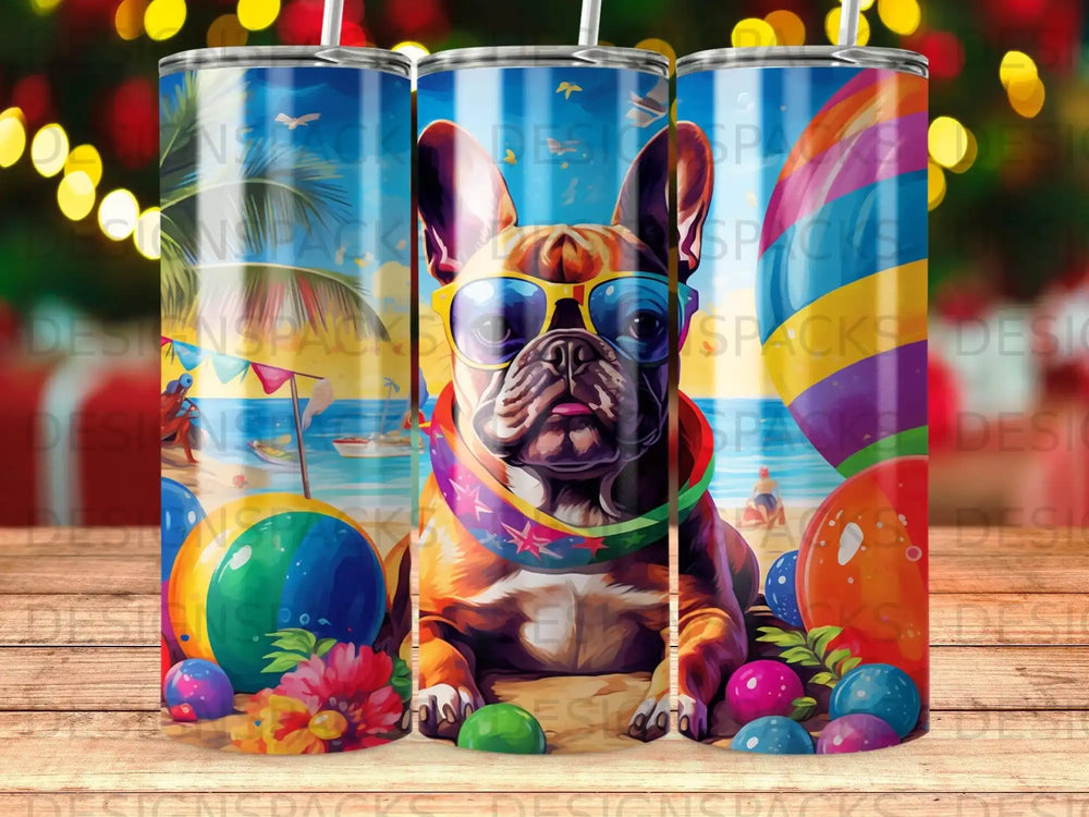 French bulldog wearing sunglasses and bandana with beach scene background.