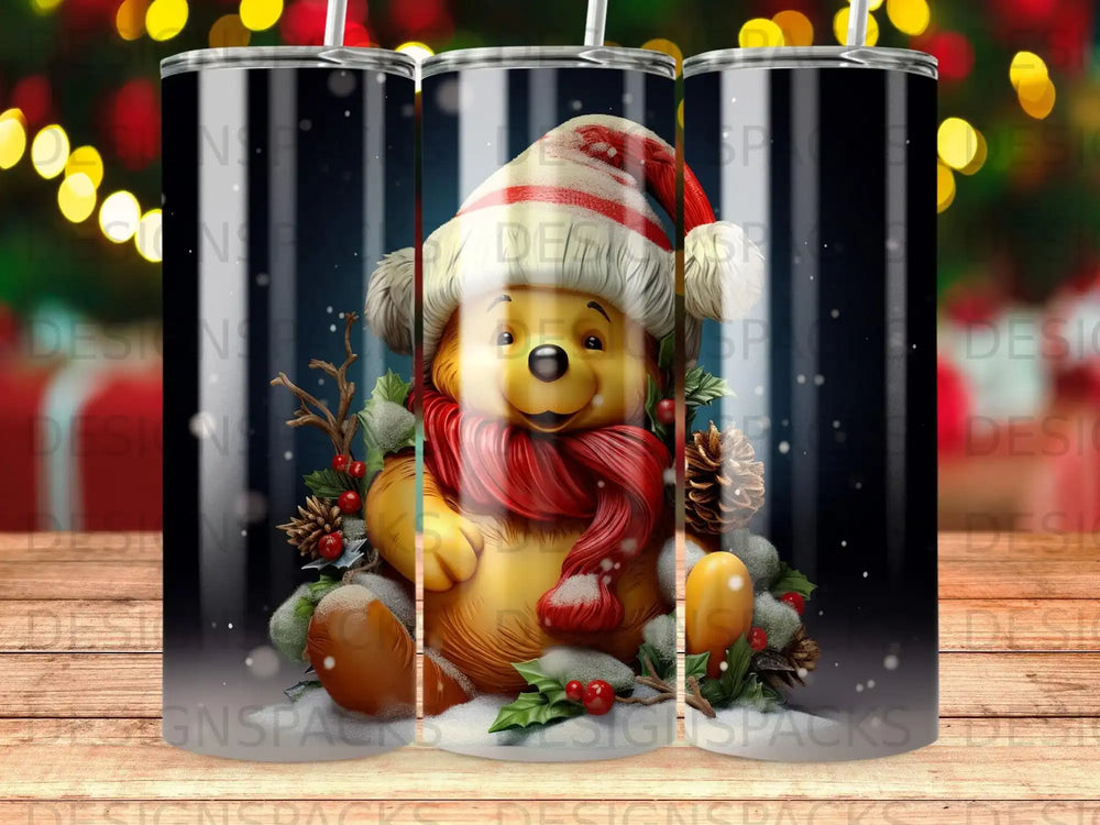 Winnie the Pooh in a Santa hat and scarf, surrounded by festive decorations.