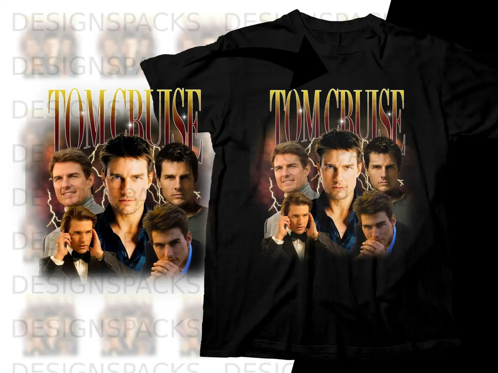 T-shirt featuring a collage of Tom Cruise headshots with "Tom Cruise" text.