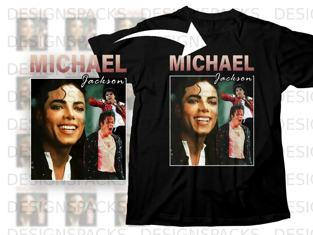 Black t-shirt with Michael Jackson's portrait and concert image.
