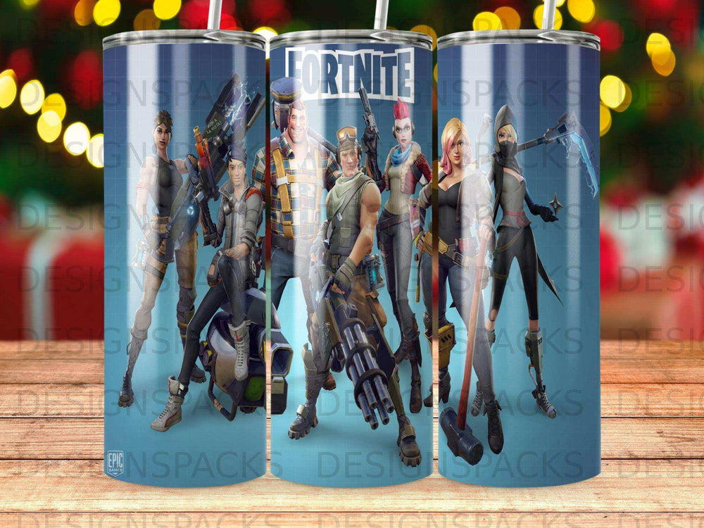 Fortnite characters on a tumbler with "Fortnite" logo and "LA VISTA!" text.