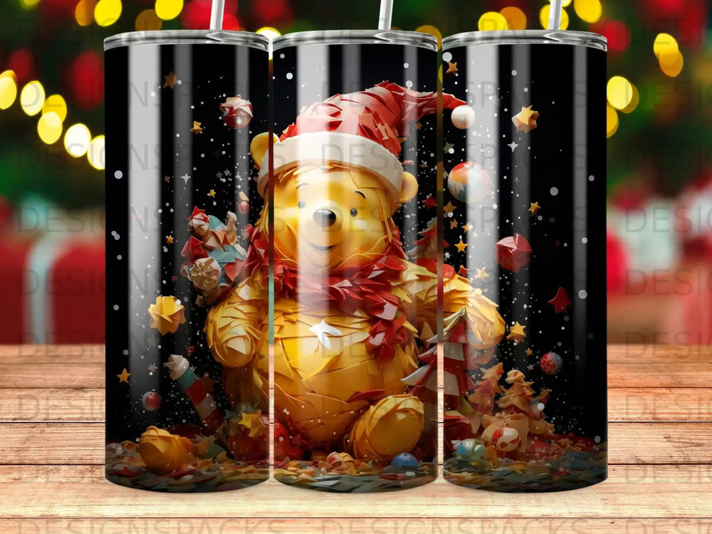 Winnie the Pooh in a Santa hat surrounded by festive presents and candy.